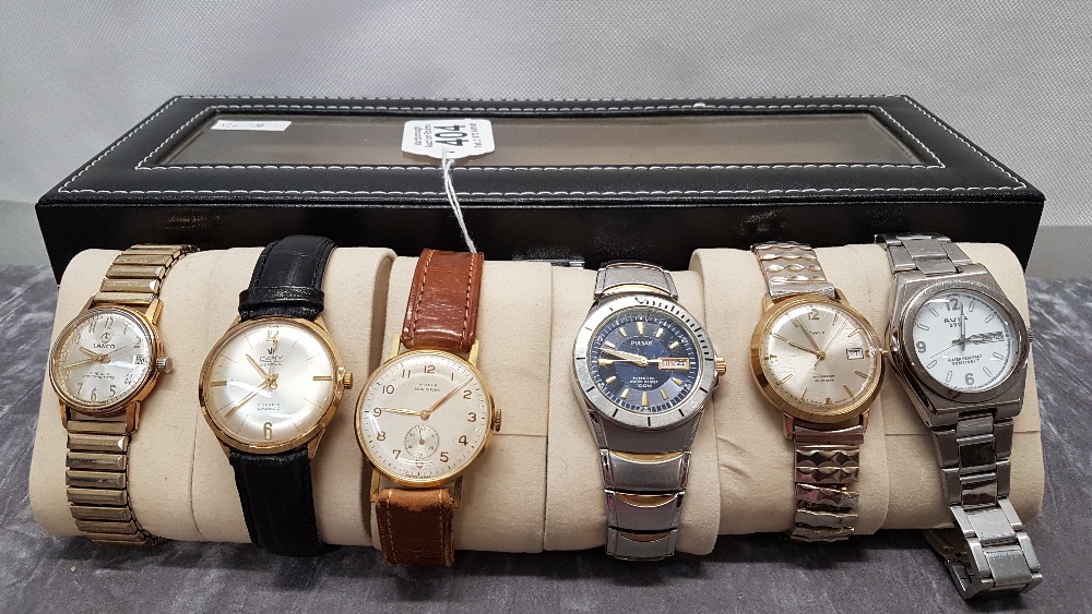 Six assorted wristwatches including an Avia 2000, Timex, Pulsar Automatic, Mosla, Camy and Lanco.