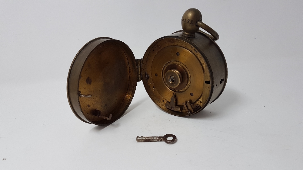 A 19th Century portable brass night watchman's clock. - Image 3 of 4