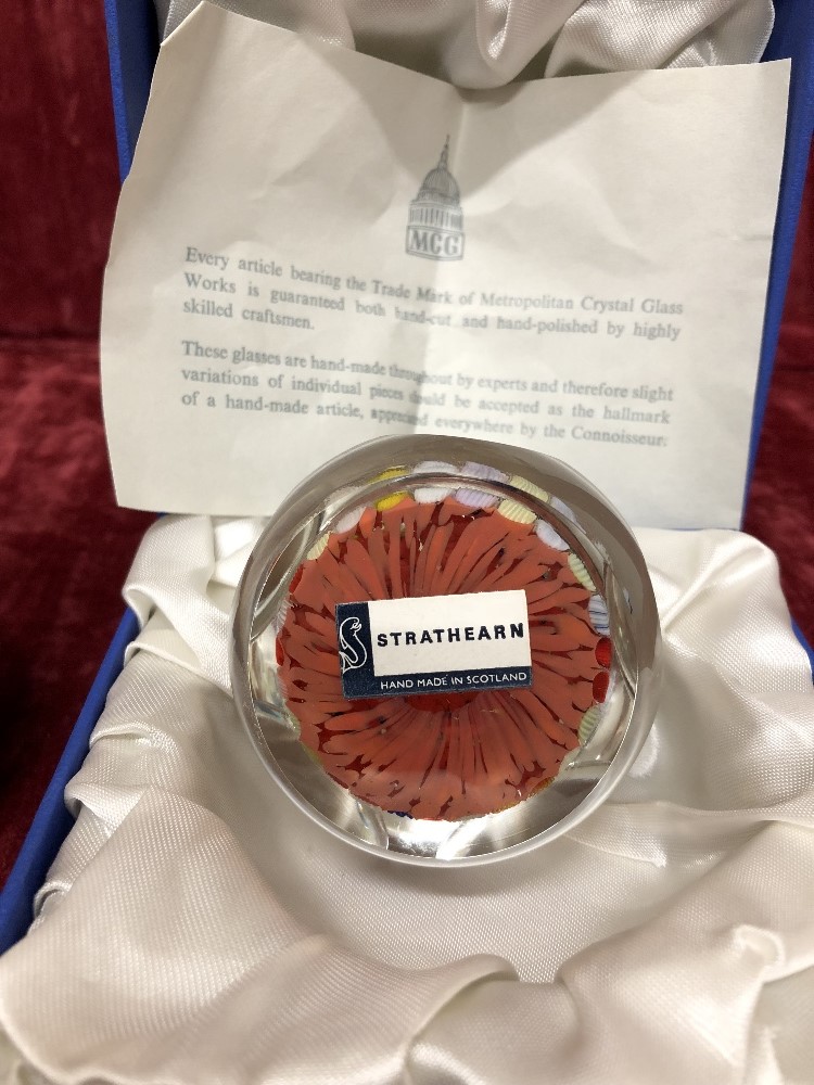 A boxed Strathearn Glass millefiori paperweight and a signed studio glass bud vase. - Image 3 of 6