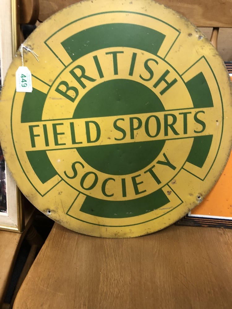 A large round tin sign for the British Field Sports Society.