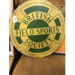 A large round tin sign for the British Field Sports Society.