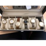 Six assorted wristwatches including a Timex, Legion, Mosla, Mood, Lanco and Lindex.