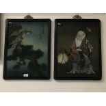 Two early 20th Century Chinese oil on panel paintings set in lacquered frames.