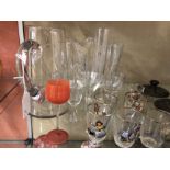 An assortment of glassware including Thelwell shot glasses.