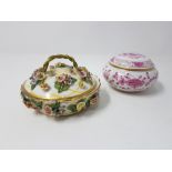A Meissen floral encrusted lidded trinket pot with rope twist handle, and one other.