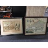 A framed and glazed watercolour depicting a hunt scene and map of Dorsetshire.