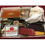 A box of assorted 19th Century and later collectables plus Robinson Jam Golly labels.