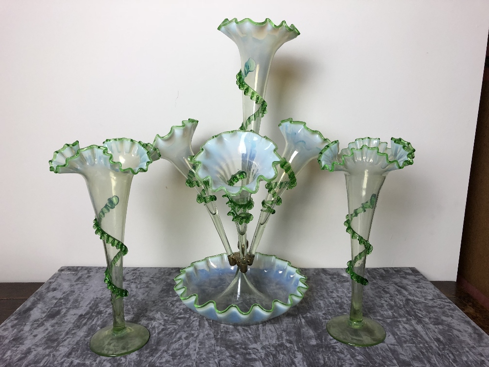 A fine 19th Century four trumpet vaseline glass epergne garniture set circa 1880.