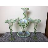 A fine 19th Century four trumpet vaseline glass epergne garniture set circa 1880.