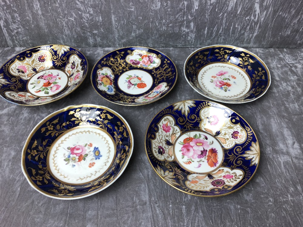 Five late 18th Century/early 19th Century assorted saucers.