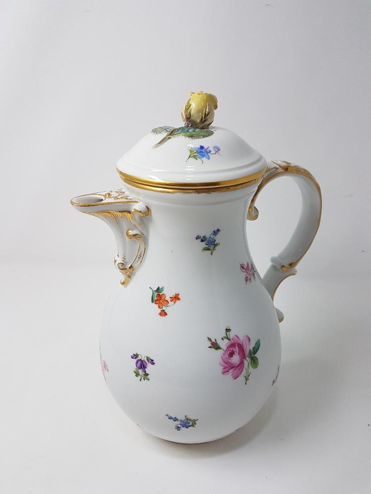 A large Meissen hand painted floral decorated coffee pot.