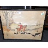 A pair of framed and glazed watercolours depicting hunting scenes.