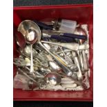 A box of assorted flatware together with a cased set of six coffee bean spoons.