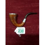 A cherry wood smoking pipe with silver collar embellishments.