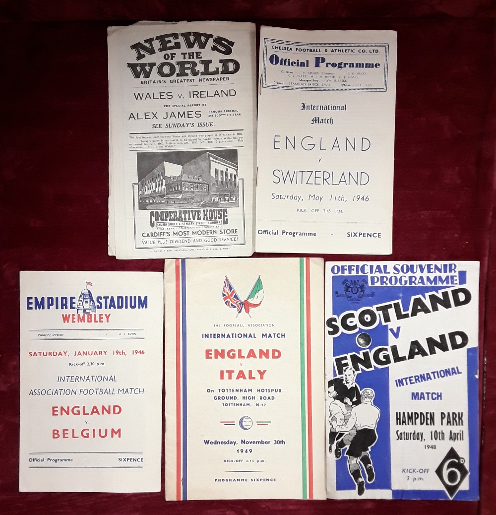 A selection of five international football programmes dating from 1946 to 1949.