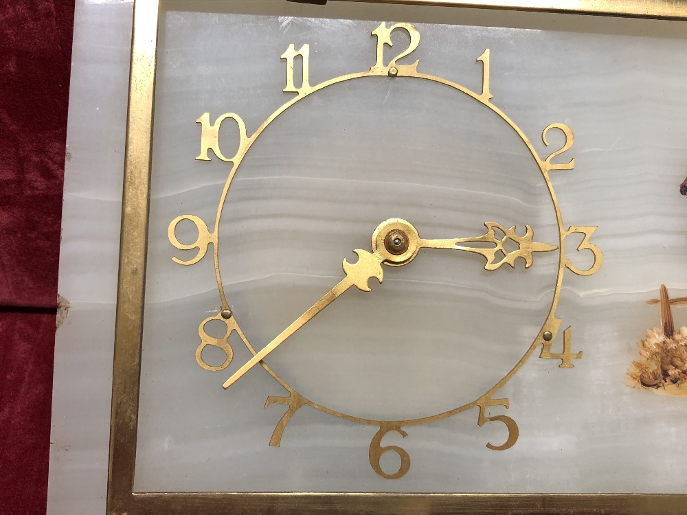 An alabaster mantel clock depicting a horse jumper with a malachite and marble base. - Image 4 of 7