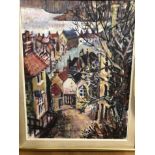 A contemporary oil on canvas depicting a village / town scene.
