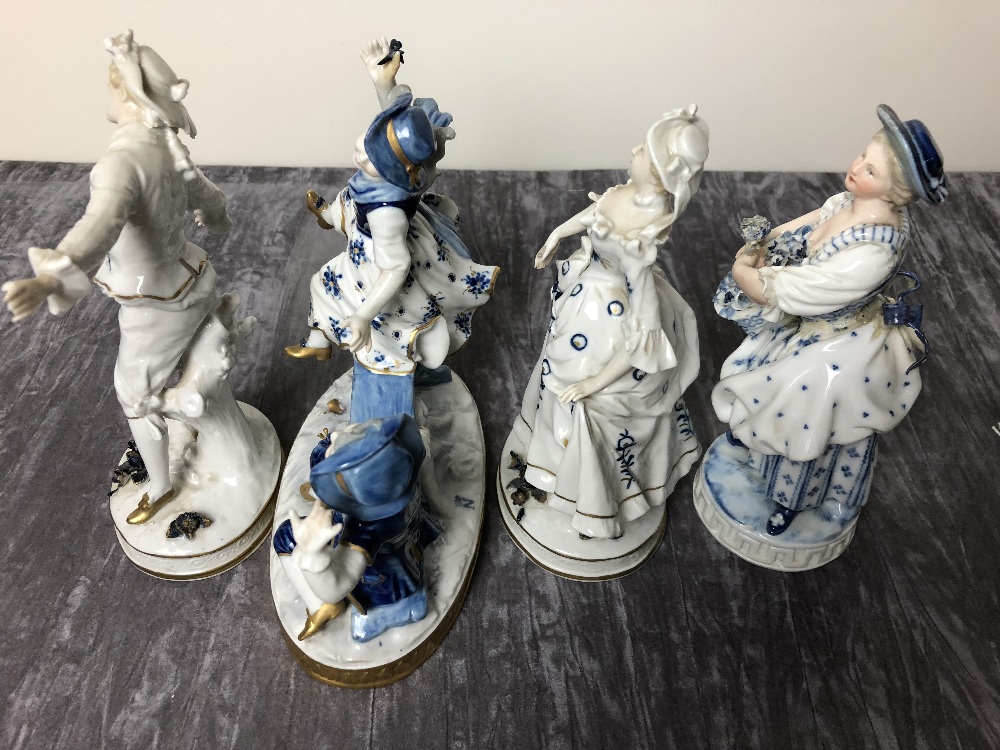 A Meissen, a Volkstedt and two Sitzendorf porcelain figures.