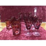 A collection of cranberry glassware.