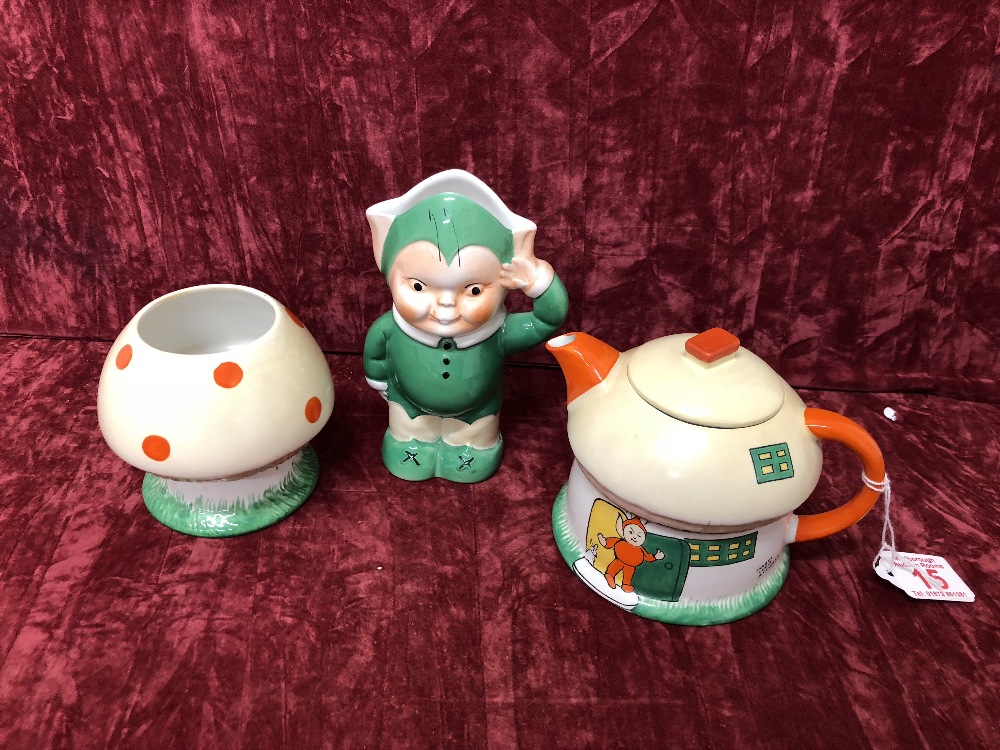 A Shelley Mabel Lucy Atwell ceramic teapot, sugar bowl and Boo Boo milk jug.