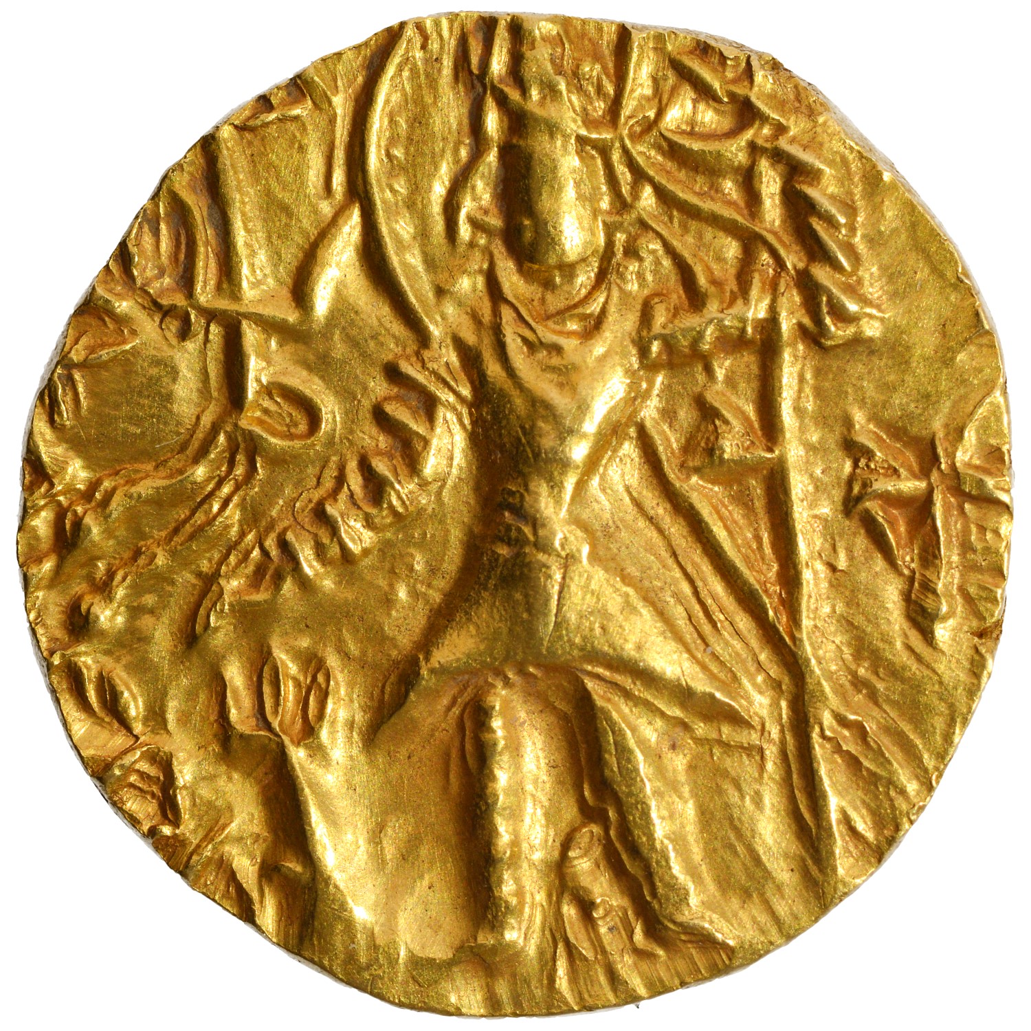 Kushana Dynasty, Kanishka III (250-275AD), Gold Dinar, Oesho (Shiva) type, Obv: king helmeted,