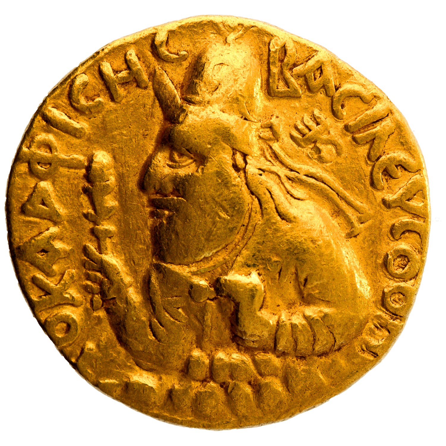 Kushan Dynasty, Vima Kadphises (95-127 AD), Gold Dinar, Obv: crowned, diademed half-length bust on