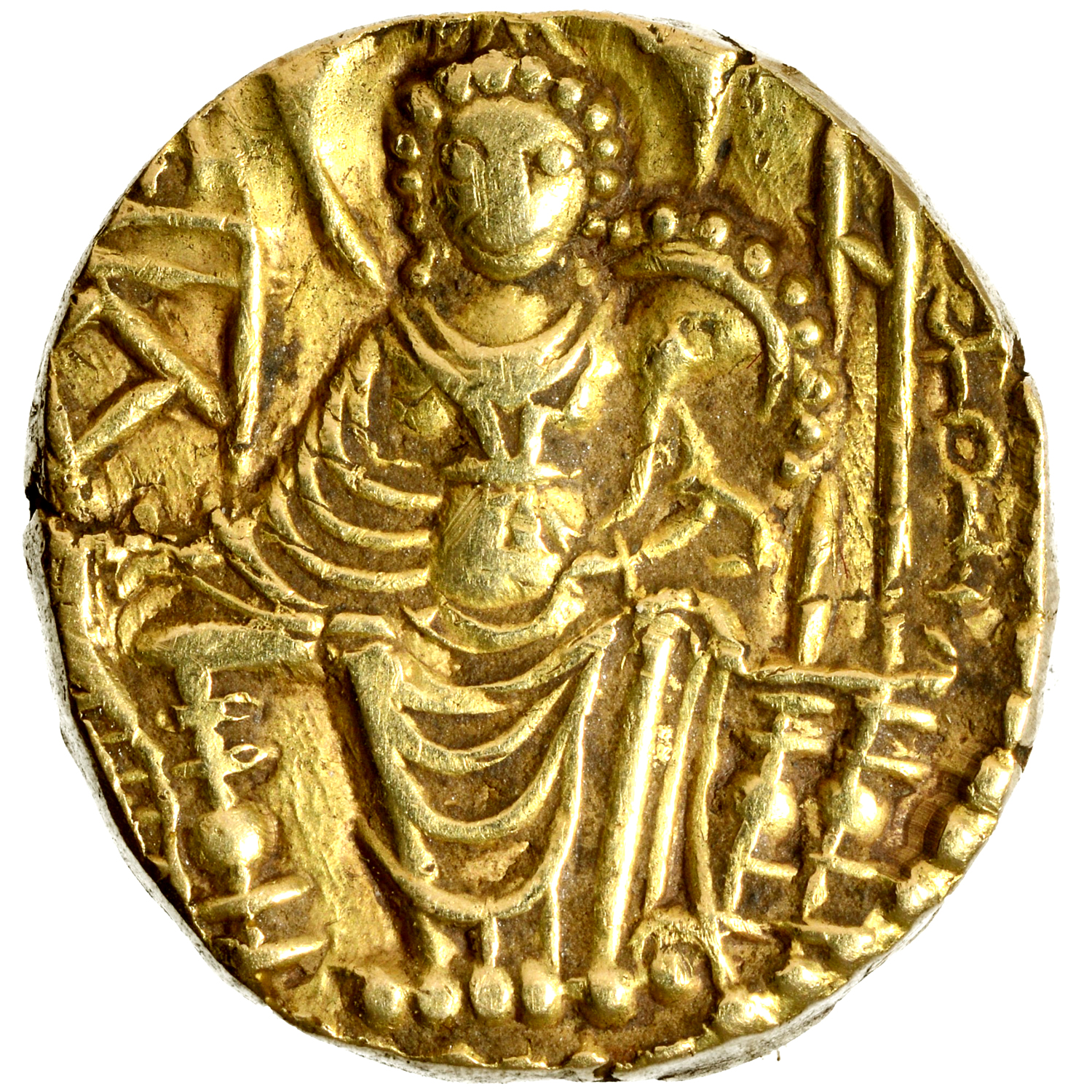 Kushan Dynasty, Shaka I (325-345 AD), Gold Dinar, Obv: king standilng left, holding a trident in - Image 2 of 2