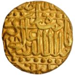 Akbar, Patna Mint, Gold Mohur, AH 985, Obv: kalima shahada in dotted square around four khalifas