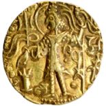 Kushan Dynasty, Shaka I (325-345 AD), Gold Dinar, Obv: king standilng left, holding a trident in