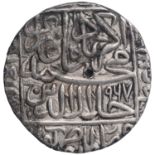 Akbar, Gwalior Mint, Silver Rupee, AH 967, Obv: kalima shahada around four khalifas name with flower