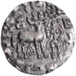 Kuninda Dynasty, Amoghbuti (200 BC), Silver Drachma, Obv: a deer standing facing right, crowned by