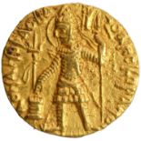 Kushan Dynasty, Vasudeva I (190-230 AD), Gold Dinar, OESHO (Shiva) Type, Obv: crowned, diademed king