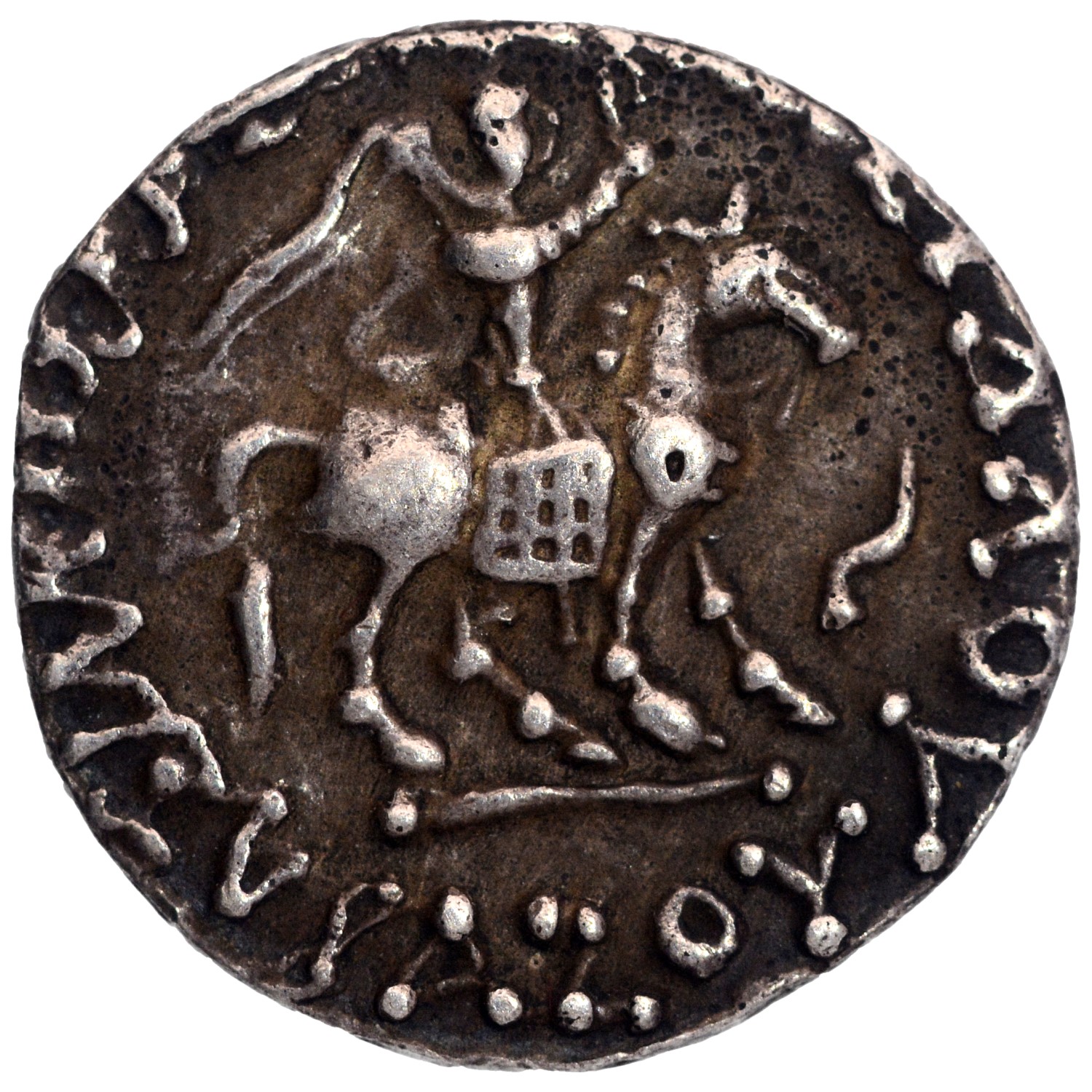 Indo-Scythians, Azes II (35-12 BC), Silver Drachma, Obv: king mounted on horse walking right &