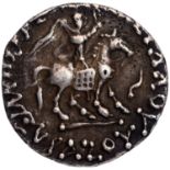 Indo-Scythians, Azes II (35-12 BC), Silver Drachma, Obv: king mounted on horse walking right &