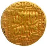 Akbar, Agra dar-ul-khilafa Mint, Gold Mohur, AH 982, Obv: kalima shahada within dotted square,