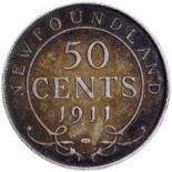 Canada, New Foundland, Silver 50 Cents, 1911, Obv: "NEWFOUNDLAND 50 CENTS 1911" encircled by