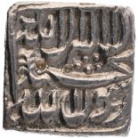 Akbar, Bang Mint (off flan), Silver Square Rupee, AH 991, Broad Flan, Obv: kalima shahada with