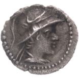 Indo-Greeks, Eucratides I (170-145 BC), Silver Obol, Obv: diademed, helmeted and draped bust of king