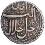 Akbar, Ahmadabad Mint, Silver Rupee, Elahi 47, Month Azar, Obv: jalla jalalahu allahu akbar, Rev:
