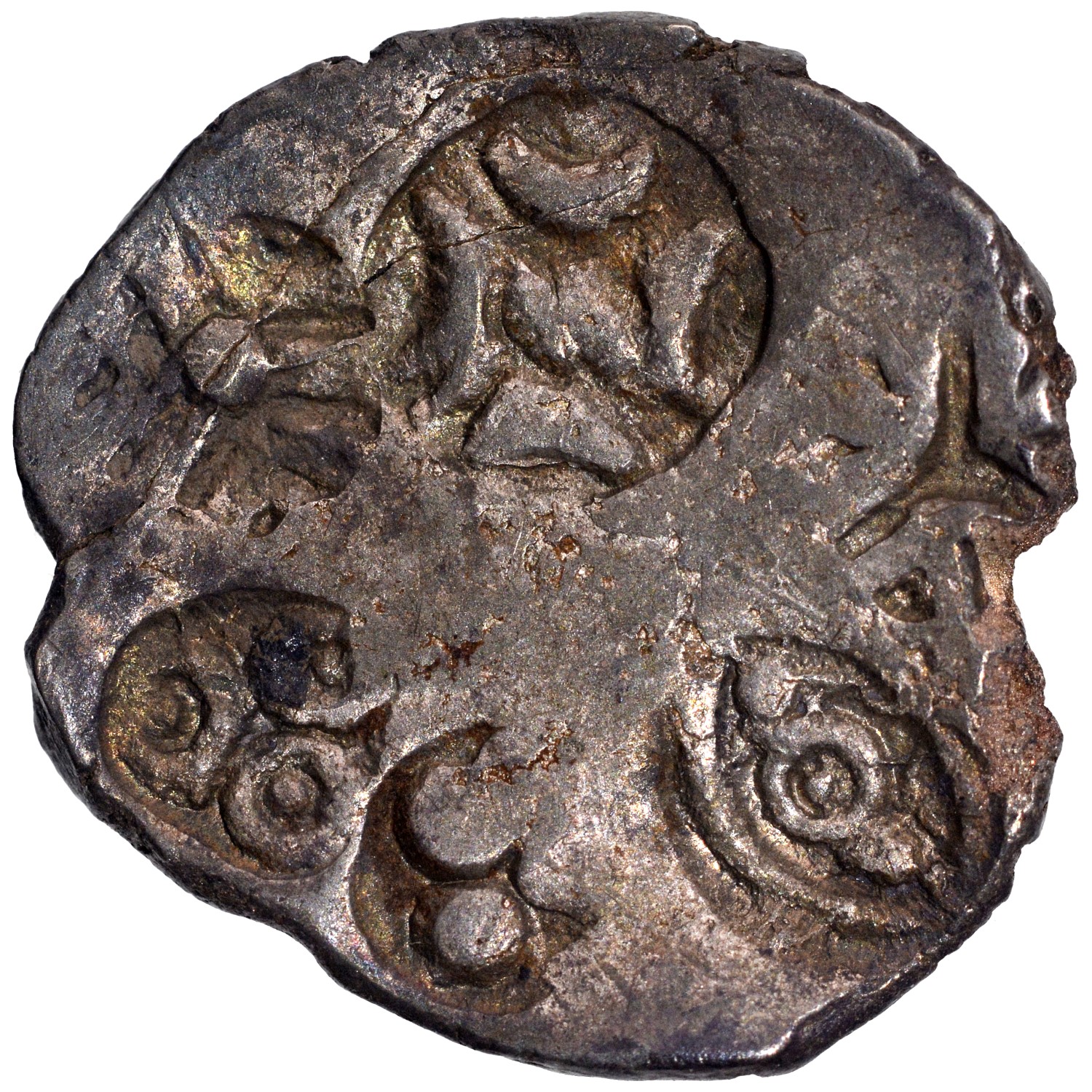 Punch-Marked Coin, Kosala Janapada (525-465 BC), Silver Karshapana, Obv: four symbols consisting - Image 2 of 2