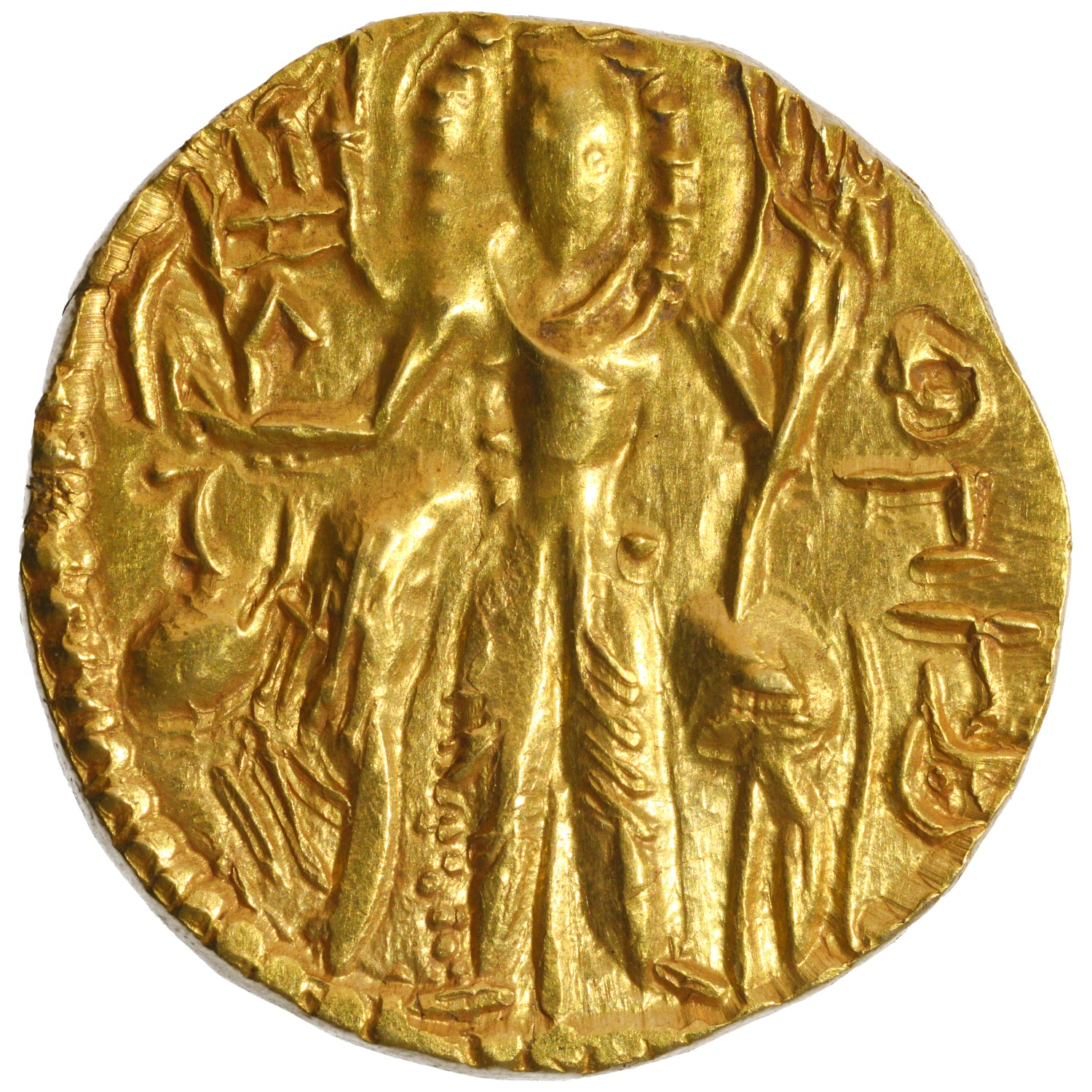 Kushana Dynasty, Kanishka III (250-275AD), Gold Dinar, Oesho (Shiva) type, Obv: king helmeted, - Image 2 of 2