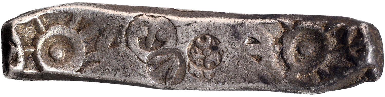 Punch-Marked Coin, Gandhra Janapada (600-300 BC), Silver Bentbar (Satamana), Obv: 2 six petaled
