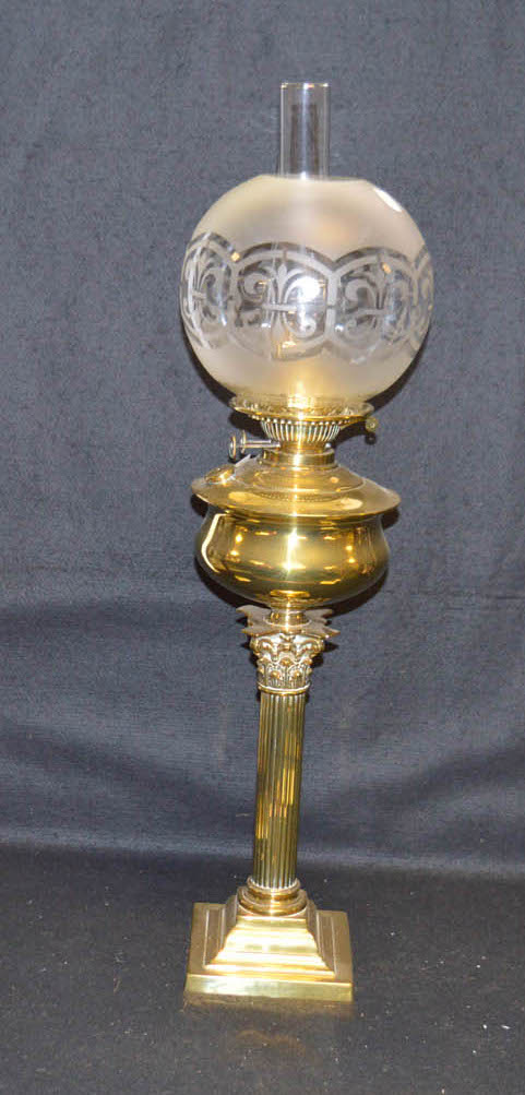 A Very Nice Brass Corinthian Pillar Oil Lamp and Shade