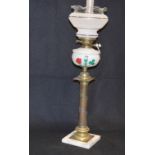 A Nice Brass and Marble Based Oil Lamp, Hand Painted Bowl