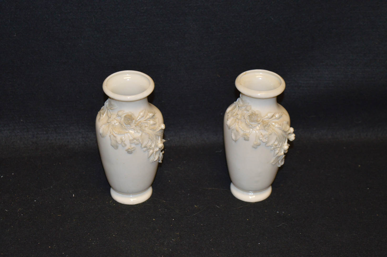 A Pair of 3rd Period Belleek Flower Encrusteed Vases