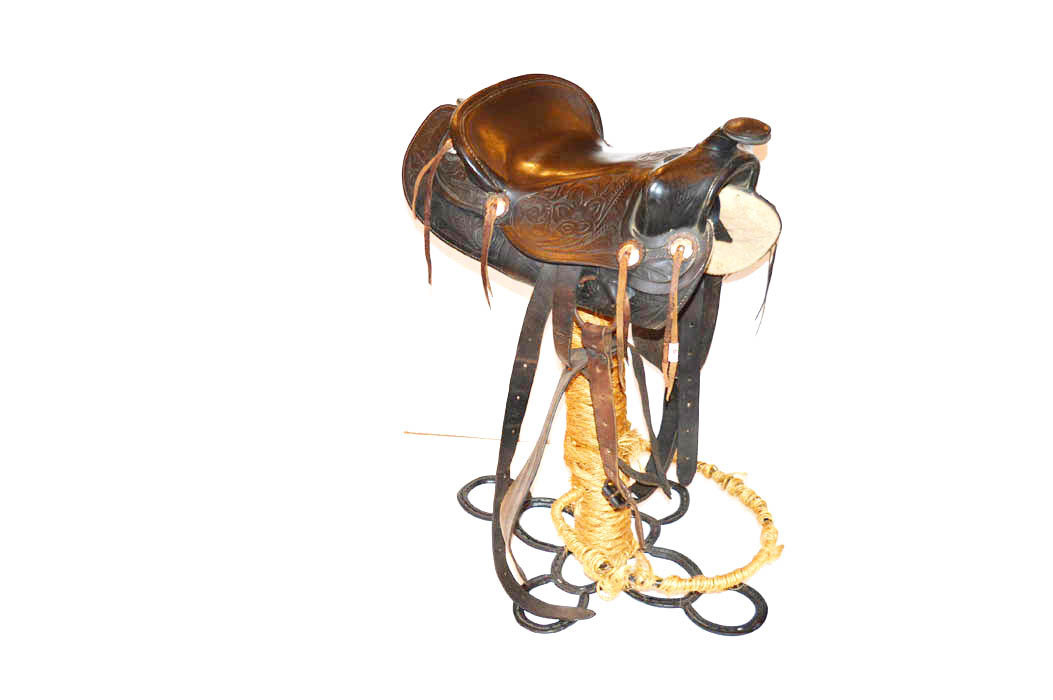 A Very Nice Hand Crafted Saddle on Feet, Horse Shoe Display Base