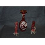 Two Ruby Glass Bud Vases and a Ruby Decorated Vase