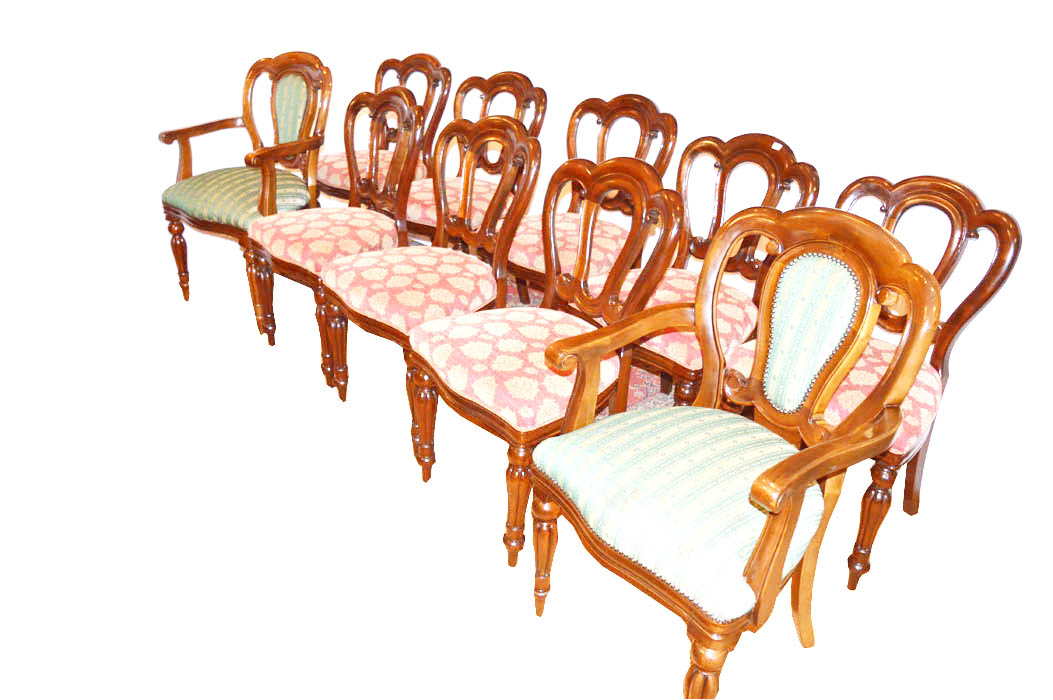 A Very Good Set of 10 Mahogany Framed Upholstered Dining Room Chairs, Including Two Carvers