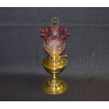 A Very Nice Brass Oil Lamp, Ruby Shade
