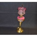 A Very Nice Oil Lamp, Brass Pillar Bowl and Ruby Shade